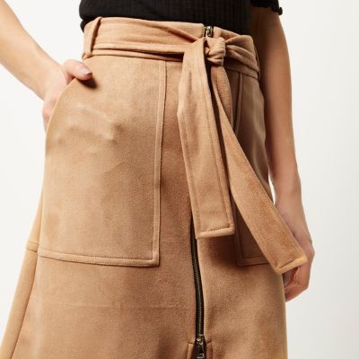 Beige faux suede zip-up A-line skirt